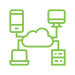 phone, computer, laptop, and server all connected via cloud icon
